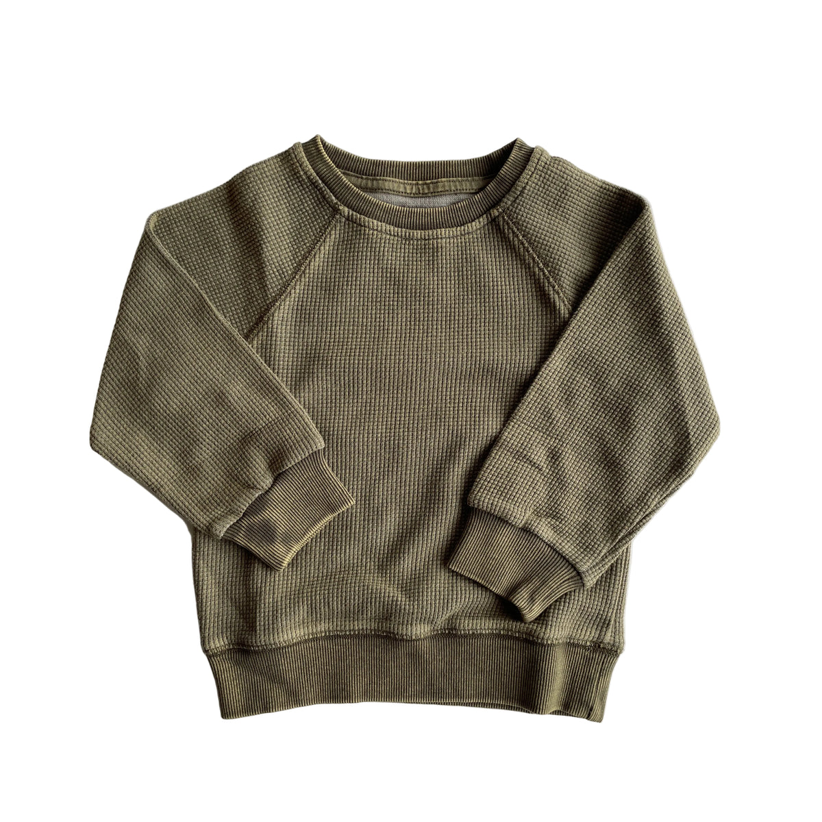 A green olive colored crew neck sweatshirt with a waffle texture, laid flat on a plain background.